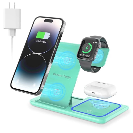 Wireless Charger, 18W 3 in 1 Charging Station for Iphone 16E/15/14/13/12/11/Pro/Xs Max/Xr, Fast Charging Dock for Iwatch 10/9/8/7/6/SE/5/4/3/2, Charger Stand for Airpods 4/3/2/Pro with Adapter(Green)